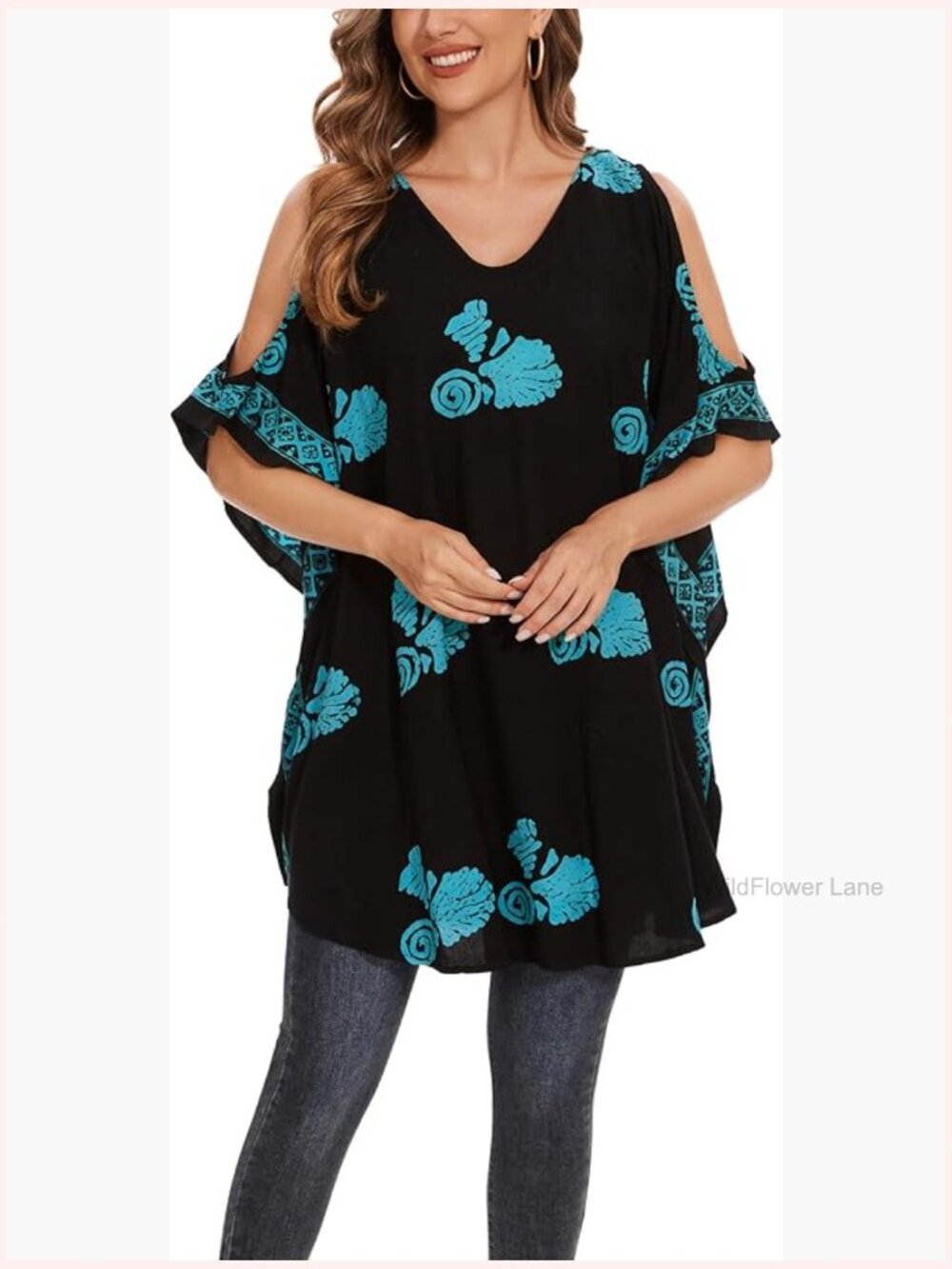 Plus Size Boho Batik Cold Shoulder Tunic Blouse Kaftan Top XL-4X
